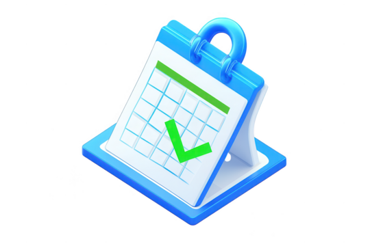 A blue and white 3d rendered calendar with a green check mark on black background