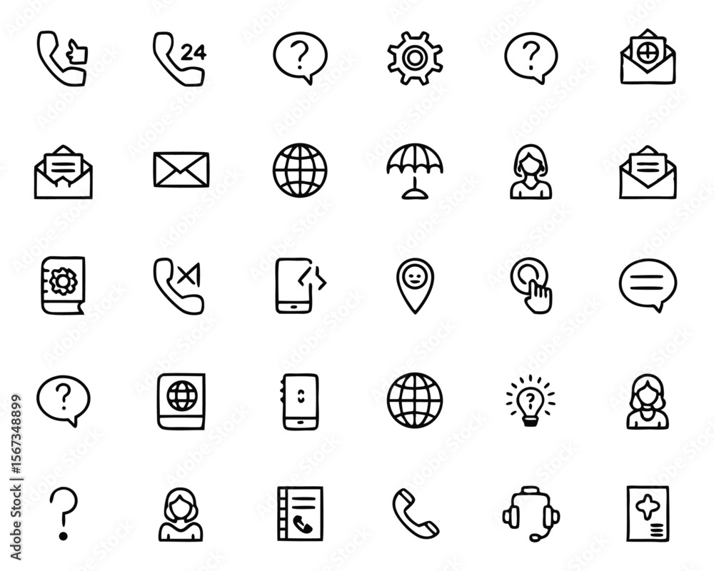 Poster comprehensive collection of clean thin line symbols representing user support information and assist