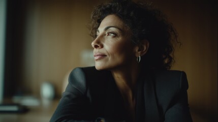 Cinematic Portrait of a Thoughtful Businesswoman in a Minimalist Office