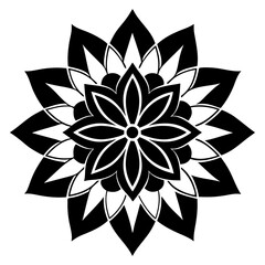 Monochrome Floral Mandala with Thick Outlines and Starburst Center