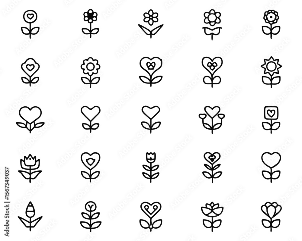 Poster botanical heart symbol collection featuring a plant element presented in three distinct artistic sty