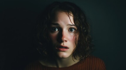 Cinematic Portrait of a Fearful Young Woman Against Dark Background