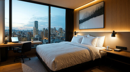 Modern high rise bedroom interior with desk and panoramic city skyline view at dusk