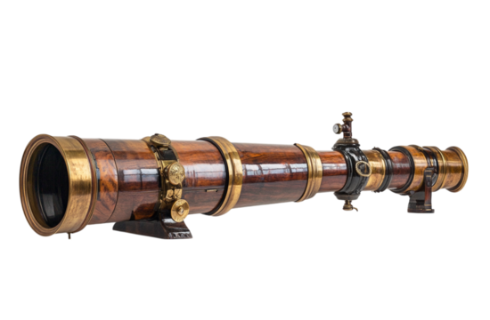 Detailed close up image of a beautifully crafted antique astronomical telescope
