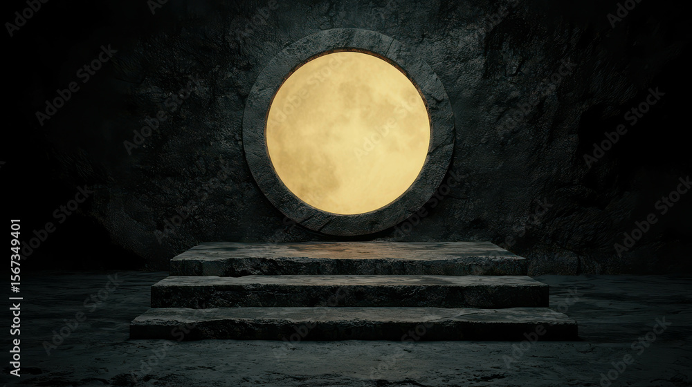 Poster enigmatic circular portal surrounded by dark stone steps and ethereal glow, creating a mysterious at