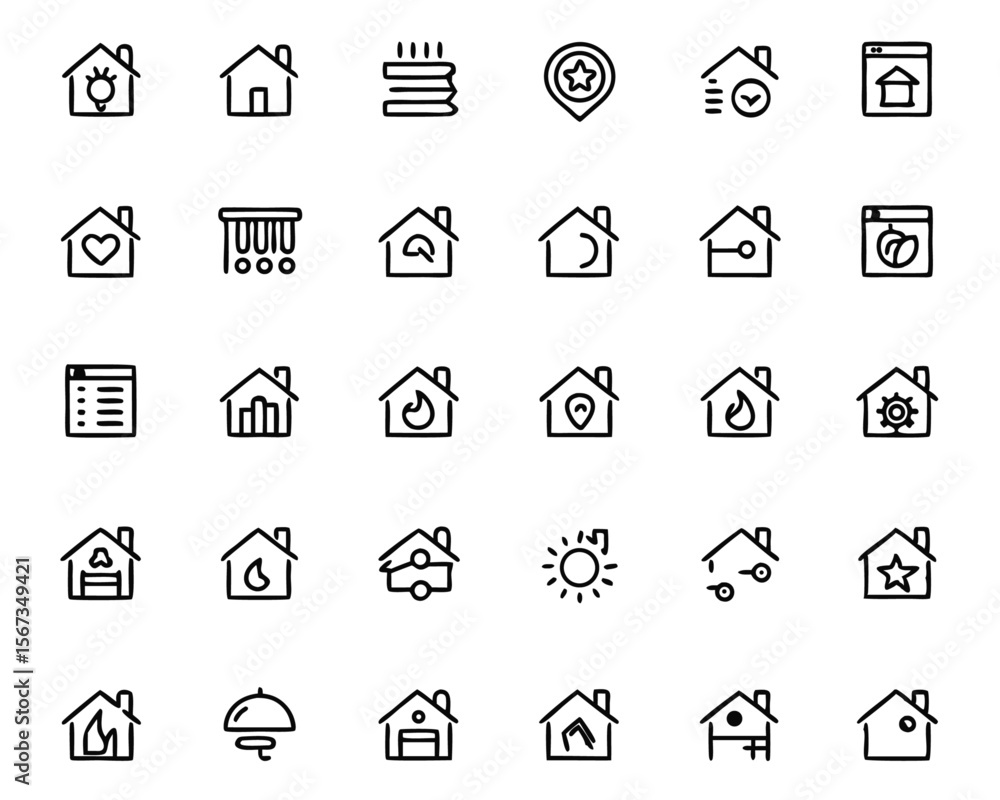Poster a collection of minimalist thin line art symbols and graphic elements presented as a cohesive set fo