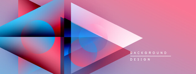 Abstract geometric shapes overlap, creating vibrant pink, blue, red gradients. Modern design feels dynamic, clean, stylish.