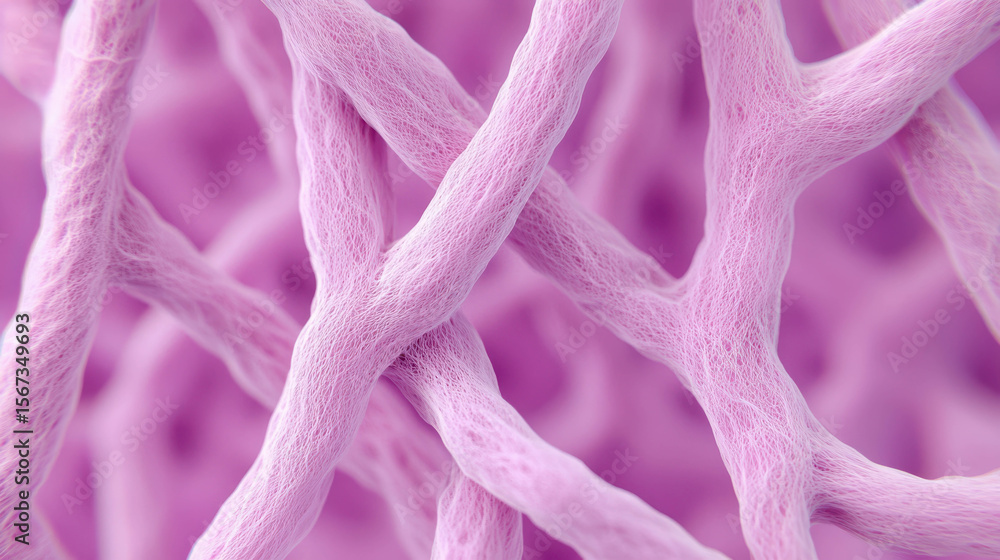 Poster abstract close-up of pink interconnected fibers creating a soft mesh structure on a blurred purple b