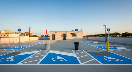 Elevated Parking Structure Dedicated Spaces With Handicap Symbol And Bright Sky