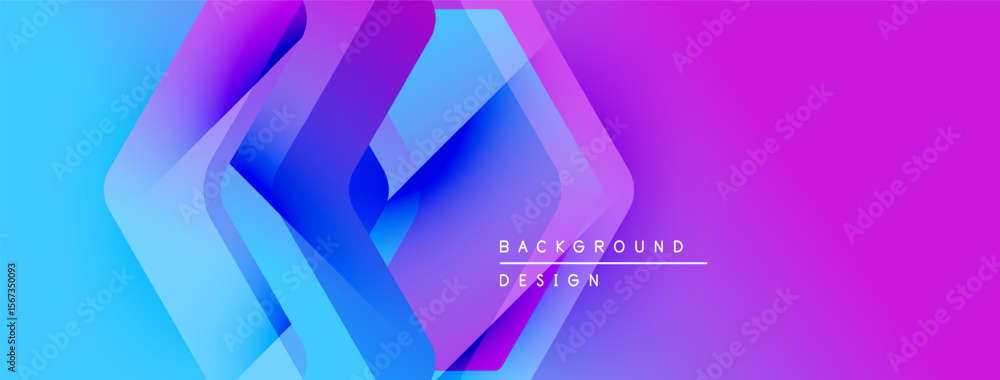Poster abstract geometric layers blend vibrant blue, purple hues. modern design elements create dynamic vis