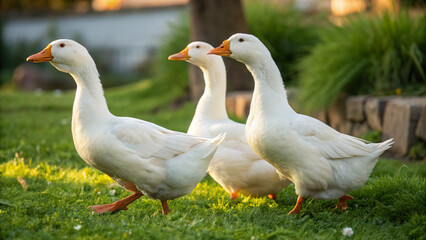 Three white domestic geese walking in lush green grass during golden hour sunset with soft bokeh background
