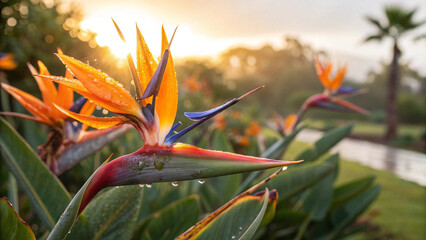 Vibrant bird of paradise flower glistening with morning dew drops against a soft golden sunrise sky