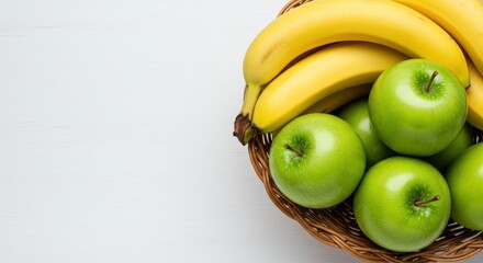 Fresh Green Apples and Ripe Yellow Bananas in a Woven Basket on a Bright Background, Healthy Food Concept