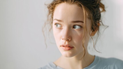 Cinematic Studio Shot of Contemplative Young Woman in Minimalist Setting