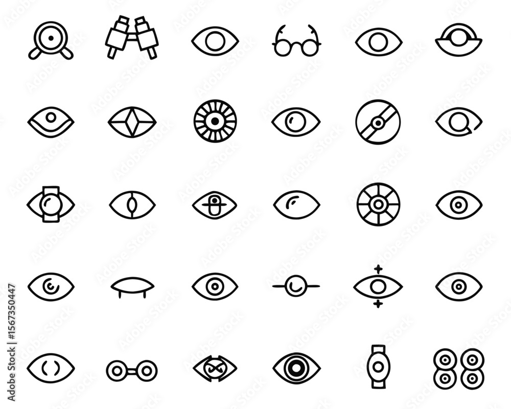 Poster comprehensive collection of modern line graphics representing ocular anatomy vision enhancement and 
