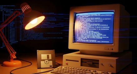 Vintage Computer with Screen, Keyboard, Floppy Disk and Orange Lamp Illuminating Dark Desk