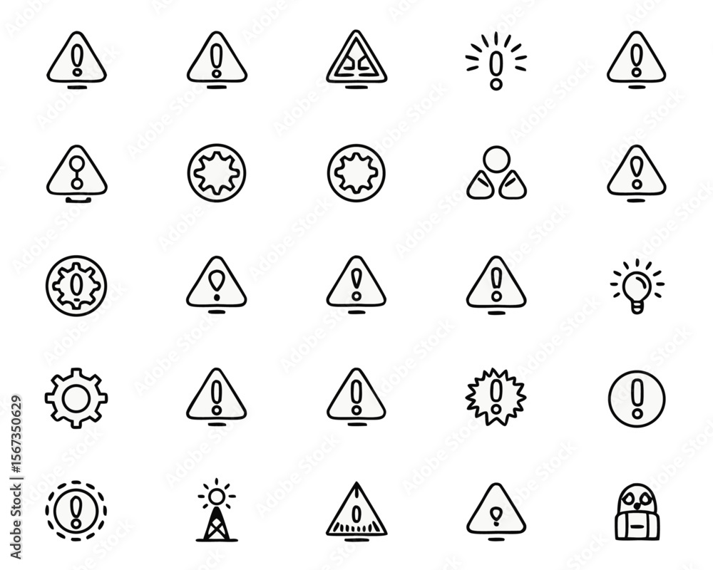 Poster collection of alert and cautionary symbols presented in a clean minimalist linear style with bold co