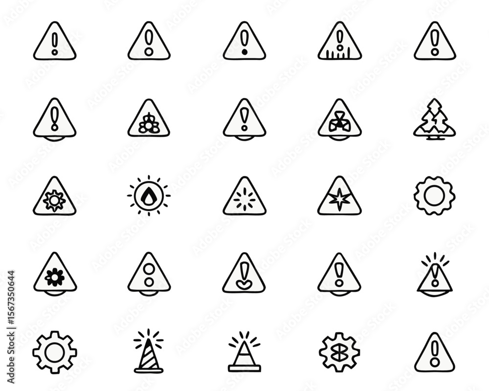 Poster comprehensive collection of essential warning and alert symbols presented in a clean modern line art