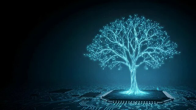 Turquoise Digital Tree Illuminates Circuit Board Connecting Data and Technology on Dark Background