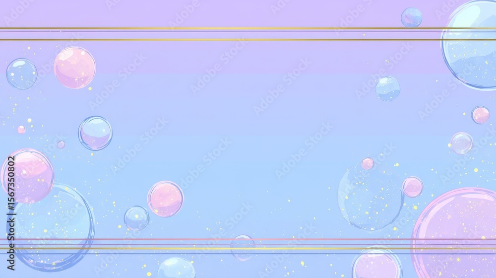 Poster Light blue to lavender gradient with floating bubbles and sparkly lines framing the horizontal space in a pop kawaii theme.