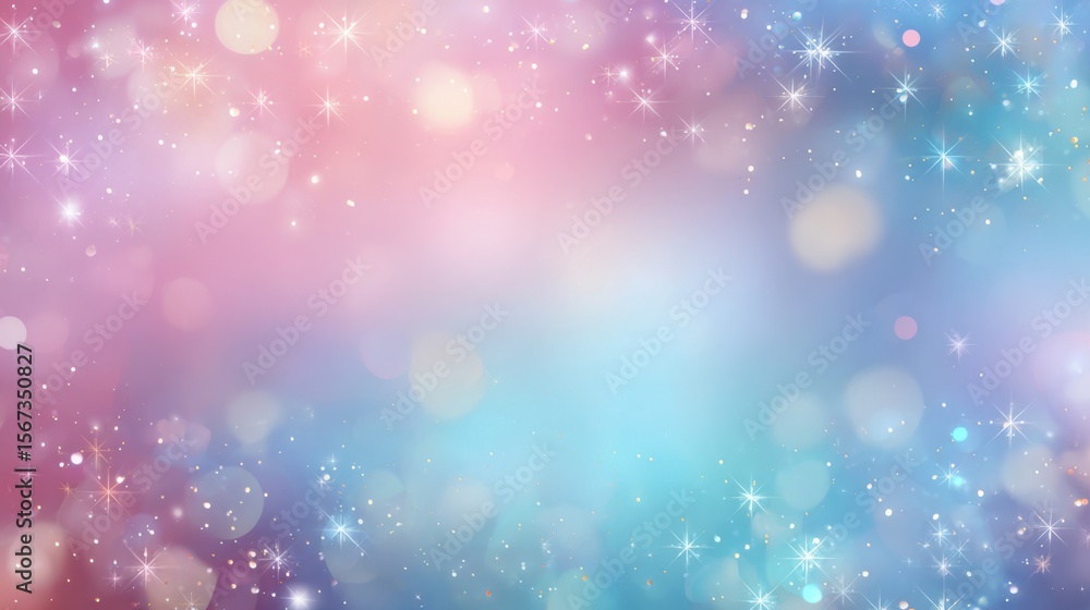 Poster Pastel blue and pink gradient horizontal frame with starry sparkles and gentle bokeh light spots in pop cute style.