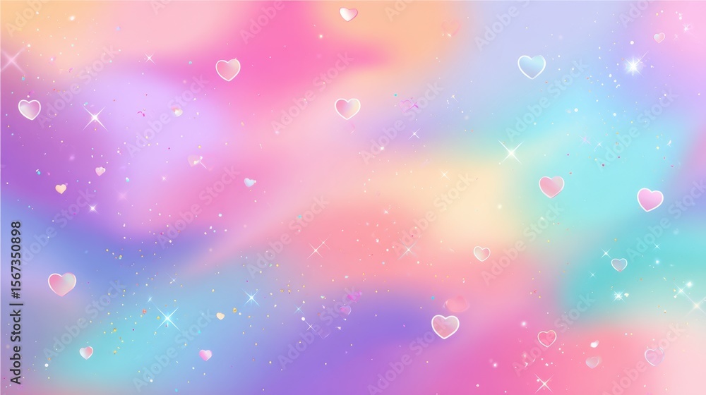 Poster Pastel candy gradient horizontal frame background with tiny glowing hearts, sparkles and pop design elements.