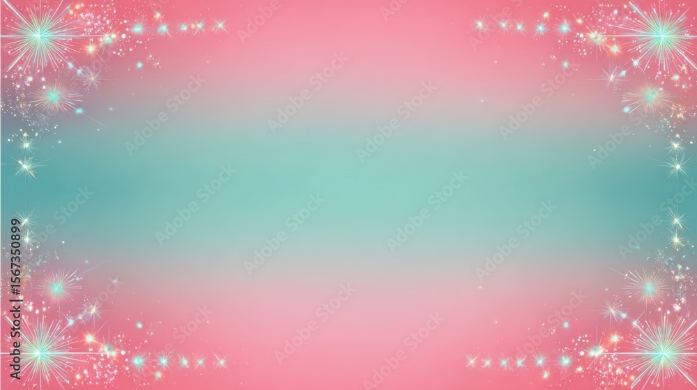 Poster Pink and mint green horizontal gradient frame with pop art starbursts and sparkling effects around the edges.