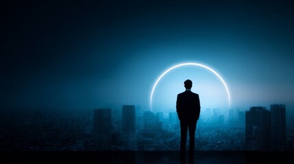 Obraz premium Silhouetted figure contemplates vast city skyline under deep blue twilight, illuminated by glowing semi-circular arc amidst towering urban buildings.