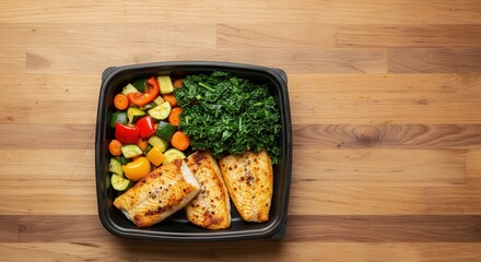Healthy Gourmet Meal Prep with Grilled Fish, Colorful Vegetables, and Fresh Greens in a Black Container on Wooden Surface
