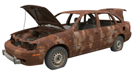 Heavily rusted sedan with open hood and trunk depicts decay and vehicle degradation over time frame