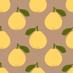 seamless pattern with hand drawn pears on brown background.
