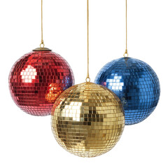 Obraz premium Three Shiny Disco Balls Hanging isolated on transparent white background, clipping path