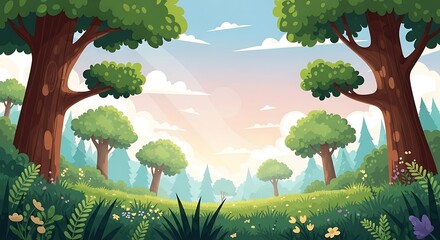 Cartoon illustration of a vibrant forest landscape with trees, grass, flowers, and a bright sky.