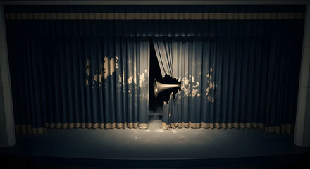 Mysterious Theater Stage With Torn Curtains Revealing Vintage Horn Speaker
