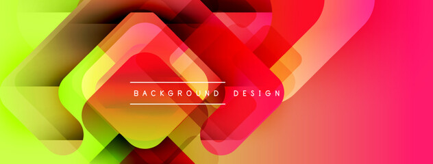 Abstract geometric shapes blend vibrant colors. Gradient transitions create dynamic visual effect. Modern design suitable for backgrounds.