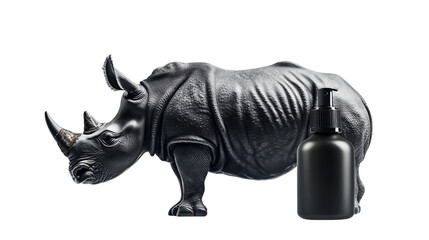 Fototapeta premium A striking black rhinoceros beside a modern matte black cosmetic product bottle