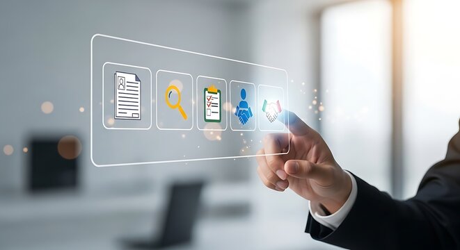 Hand Touching Digital Screen with Business Icons - Powered by Adobe