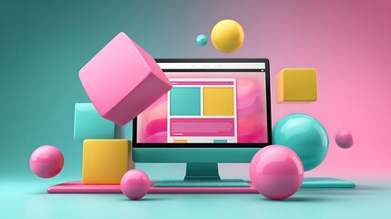 Modern computer setup with vibrant geometric shapes and abstract digital interface displayed on screen