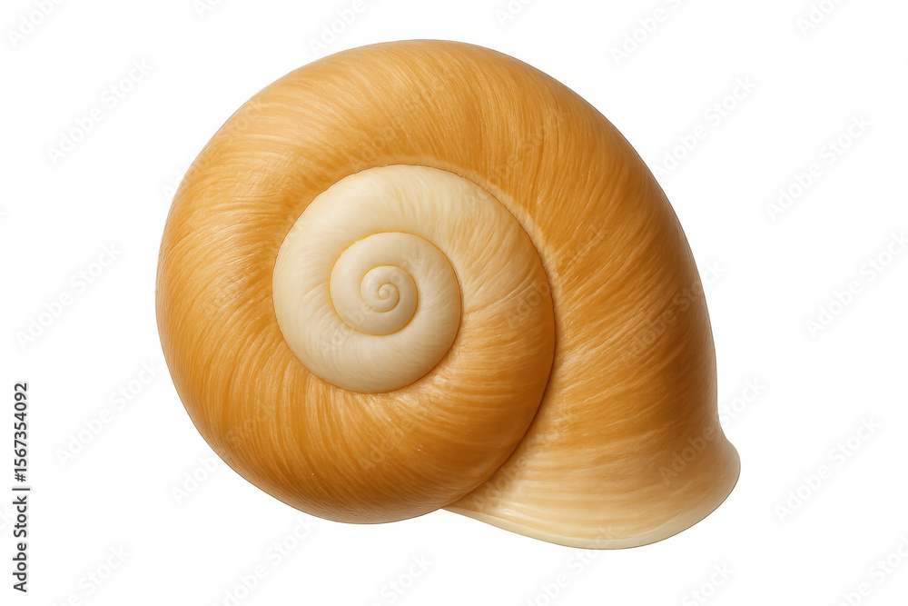 Poster spiral seashell close-up displaying intricate surface details, transparent backdrop highlighting del