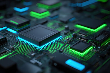 Ultra-Realistic Neon-Lit Circuit Board with Glossy Chip Modules and Vibrant Glow