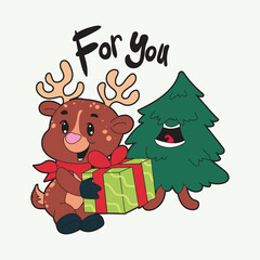 Vector illustration of cute reindeer holding a gift with Christmas tree and For You text. Great for Christmas greeting cards, party invitations, winter holiday designs, and fun seasonal sticker