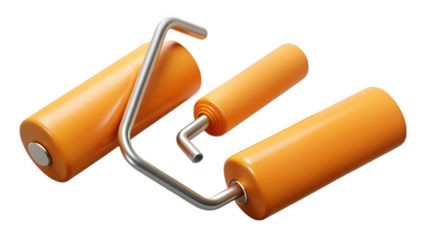 Three-dimensional illustration of an orange paint roller tool with shiny metal handle on black background