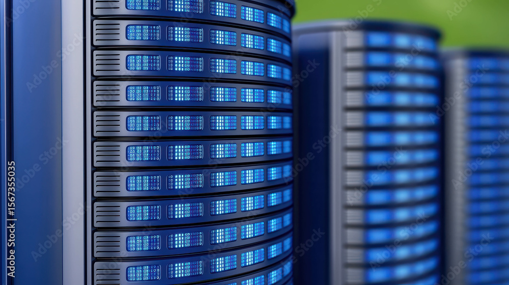 Aufkleber modern data center storage systems with blue led lights illuminating server racks in a high-tech env