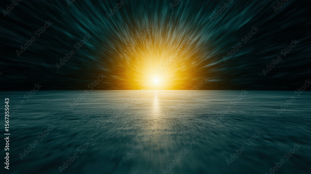 Aufkleber vibrant sunburst over tranquil water surface at dusk with dynamic motion blur effect creating a sens