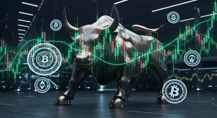 Bronze Bull Statue with Digital Stock Chart and Cryptocurrency Icons
