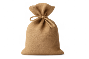 Burlap sack completely filled, tightly secured with twine, resting against transparent backdrop, ideal for graphic compositing