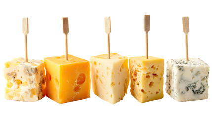 Cheese Cubes with Toothpicks – Neatly Cut Cheese Cubes on Transparent Background

