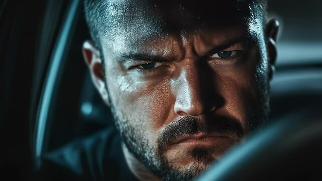 Tense Man Drives at Night with Solemn Expression