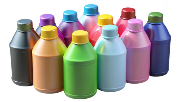 Collection of colorful bottles with various colors on a black background isolated