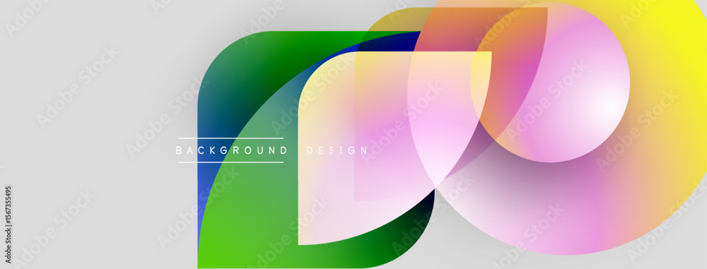 Poster abstract colorful shapes overlap, creating dynamic visual effect. gradient hues blend smoothly, form